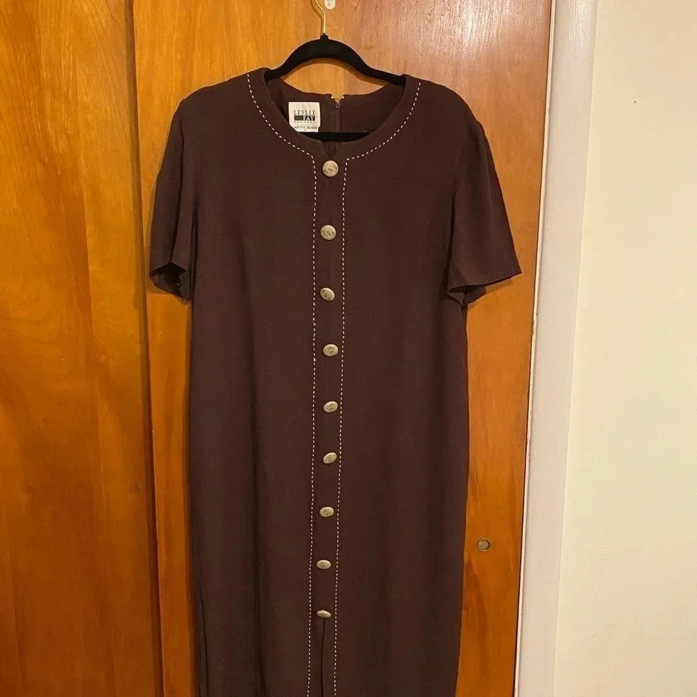 Leslie Fay Vintage Rich Brown Faux Button Front Women’s Dress Size 14 - Picture 2 of 7